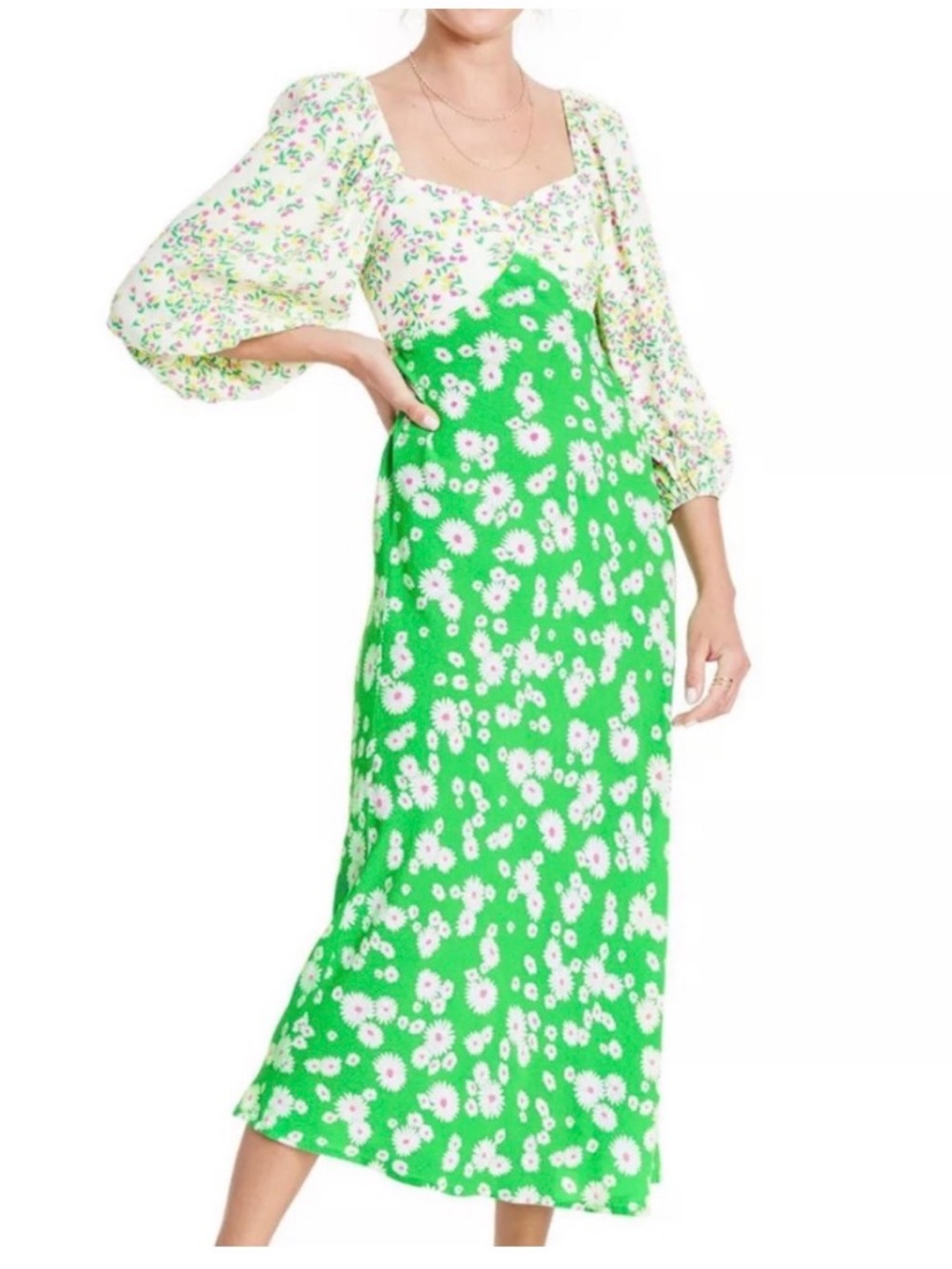 RIXO Green and White Daisy Midi Dress with Puff Sleeves XXL DERBY